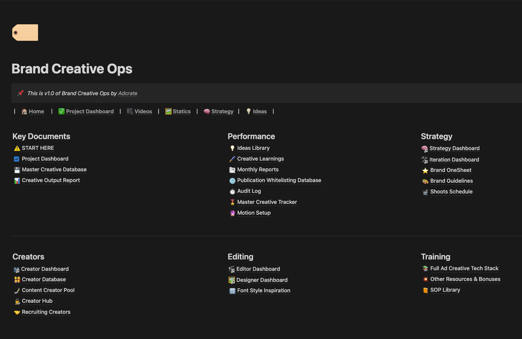 Notion interface showing Brand Creative Ops dashboard